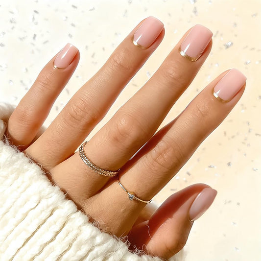 Taoyisent Nude Pink Press On Nails Short Square Glossy, Minimalist Gold French Tip Fake Nails, Reusable Full Cover Stick On Nails for Women Office Wedding Daily Wear, 30PCS