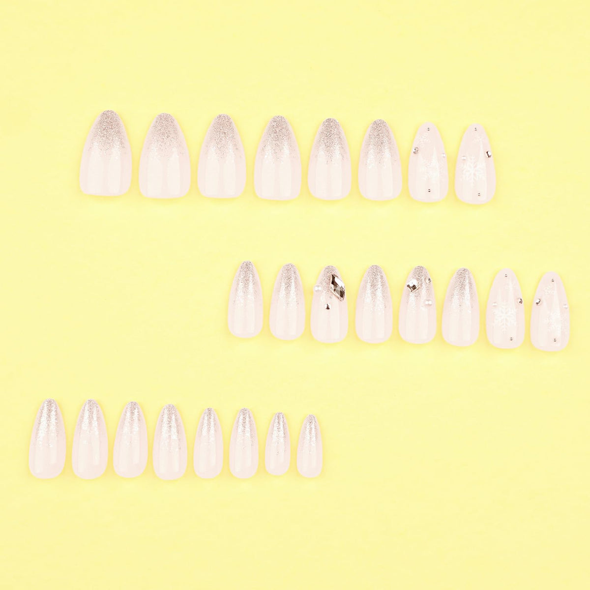 Christmas Press on Nails French Glitter Fake Nails Cute Snowflake Artificial False Nails with Rhinestone Designs Medium Acrylic Nails Kits Almond Christmas Glue on Nails for Women Nail Art 24Pcs