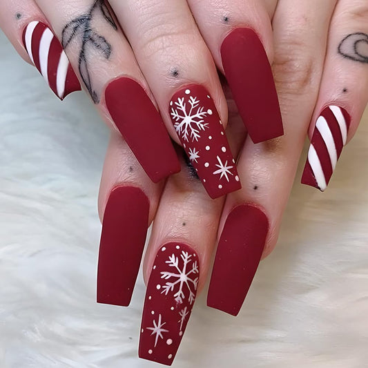 Christmas Press on Nails Long - Coffin Fake Nails with Snowflake Stripes Design - Red Full Cover Stick on False Nails -for Women 24 Pcs