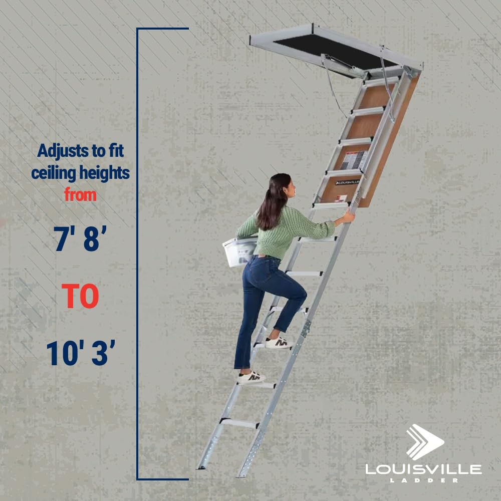 Louisville Ladder 7.8-10.3-Foot Fire Rated Door Aluminium Attic Ladder 25.5" x 54" (Rough Opening), 375-Pound Load Capacity, Type IAA, AL2540MG-FT