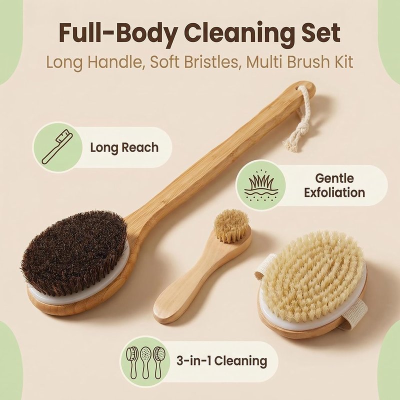 Morsafe 16.7" Long Handle Back Scrubber for Shower, Natural Bristle Exfoliating Body Brush for Hard-to-Reach Areas, Non-Slip Bath Tool for Elderly & Shoulder Pain Relief, Boar Bristle Face Brush