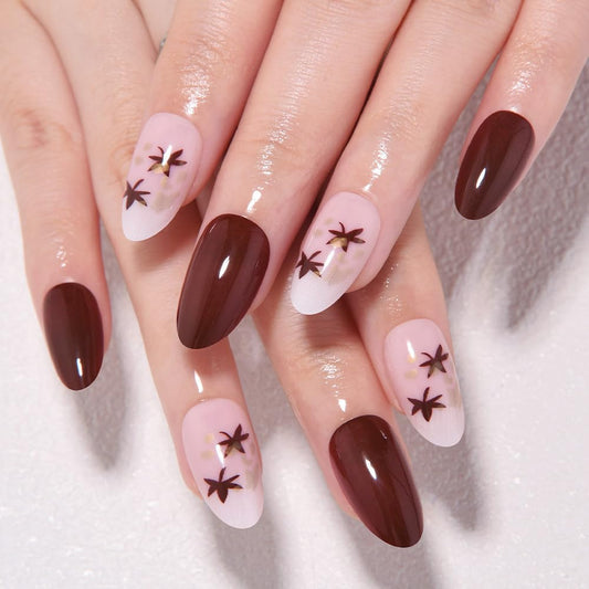 evpct Coffee Brown Press on Nails Short Almond with Leaves Design, Maple Leaf Pink Stick on Nail for Women Gift with Manicure Kit, Reusable Soft Gel Stick on Fake Nail with Designs Perfectly Fit