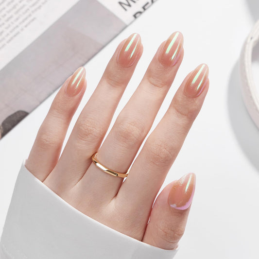 VSALON Press On Nails Short Almond, Nude Pink Pearl Chrome Shimmer Fake Nails With UV Glue, Reusable Stick On Nails Acrylic Neutral Glazed Donut Spring Glue On Nails in 16 Sizes - 32 Nails Kit