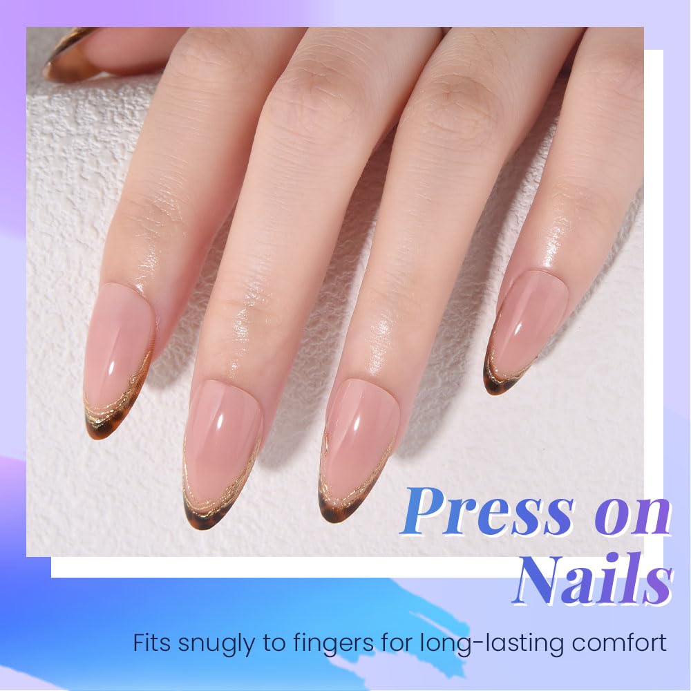 evpct Nude Glitter Press on Nails Short Almond with 3D Gold Line, Sexy French Tip Stick on Nail for Women, Reusable Full Cover Soft Gel Press on Fake Nail with Gold Line Design Perfectly Fit