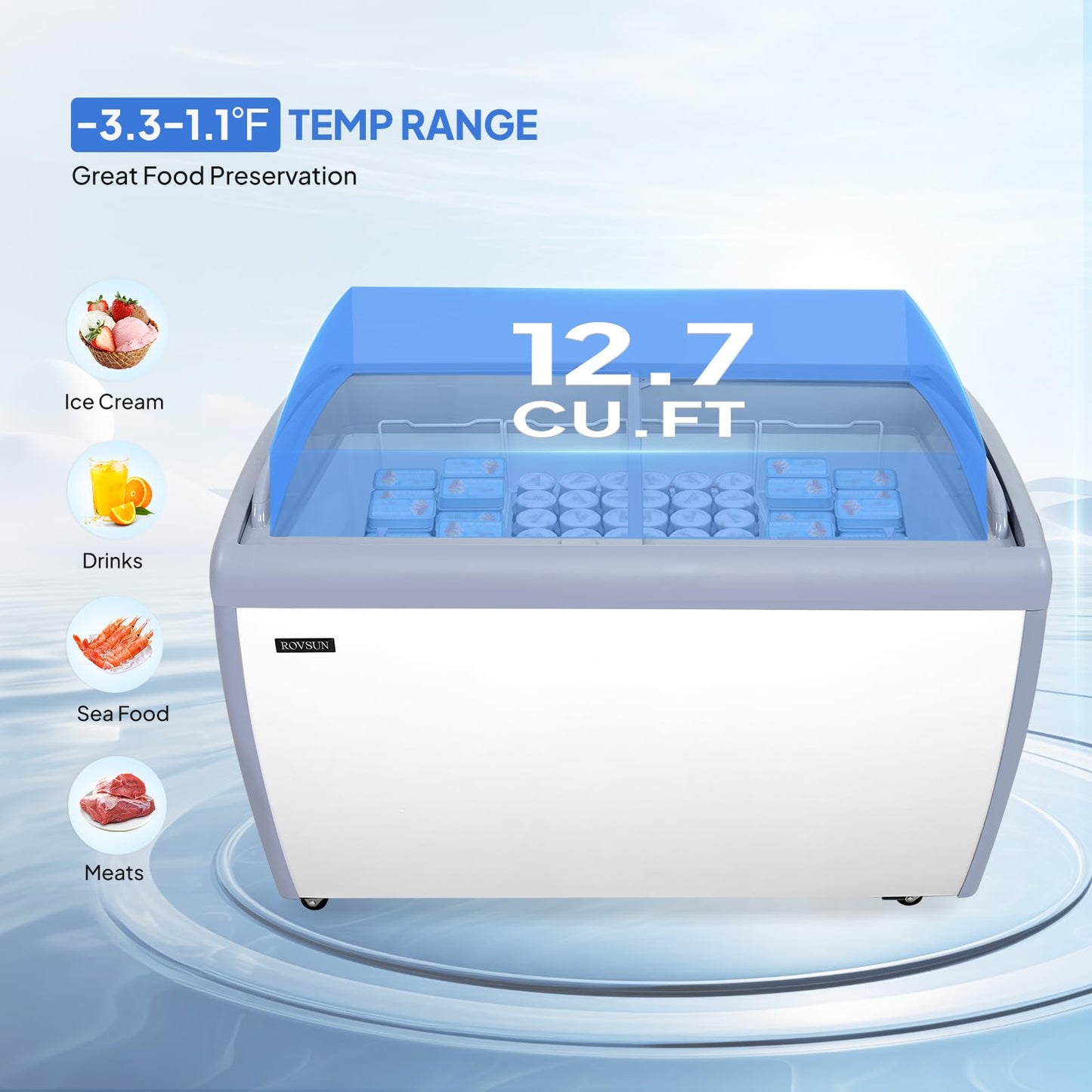 Leadzm 12.7 Cu.Ft Commercial Ice Cream Freezer, 50" Chest Freezer Glass Top Display Case w/Removable Baskets Lockable Wheels Sliding Door for Store Supermaket ETL NSF Certified