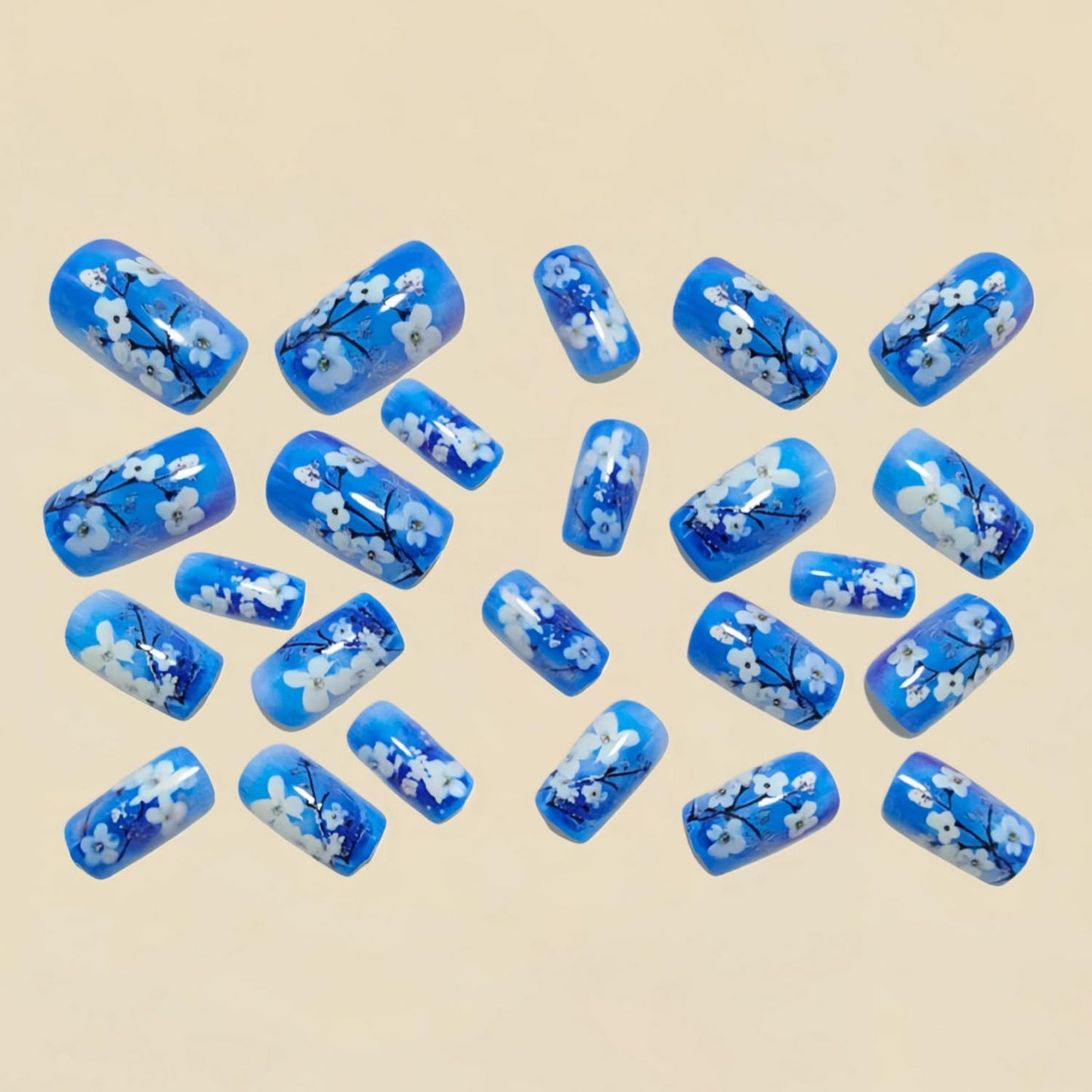 24pcs Spring Press on Nail Blue Fake Nails Floral Press ones with designs Acrylic Stick on Nail Glossy False Nails Full Cover Short Square Glue on Nails for Women Summer Accessories Manicure Decor