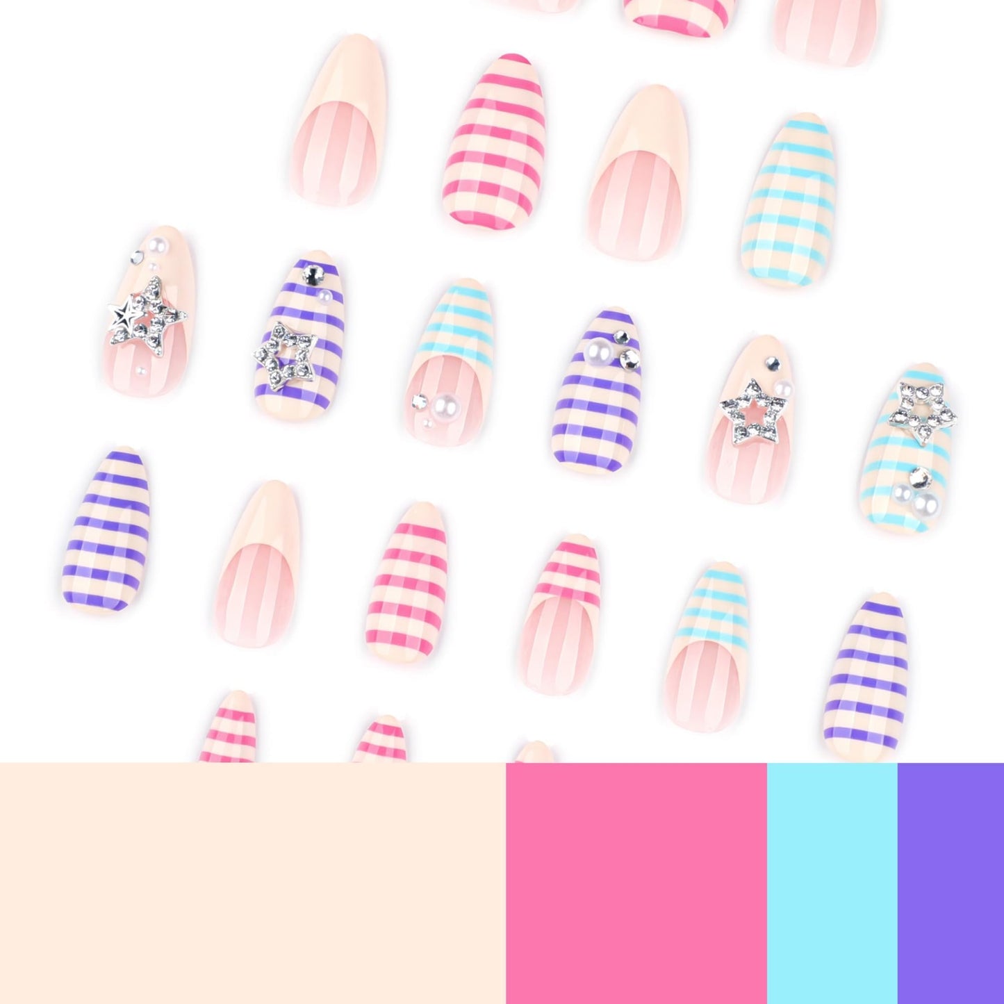 octoswave Press on Nails Long Almond Fake Nails French Artificial Nail Stripes Designs with 3D Stars Stick on Nail for Women 24pcs
