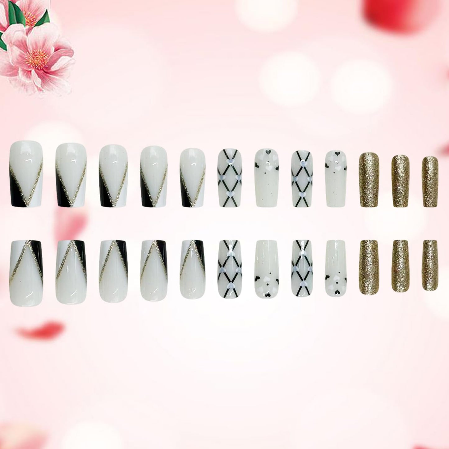 24Pcs Valentines Press on Nails Medium Square Artificial Acrylic Black White Love with Black Lines Design Full Cover Glossy Heart Glue on Nail Artificial Fingernails for Women Festival Manicure