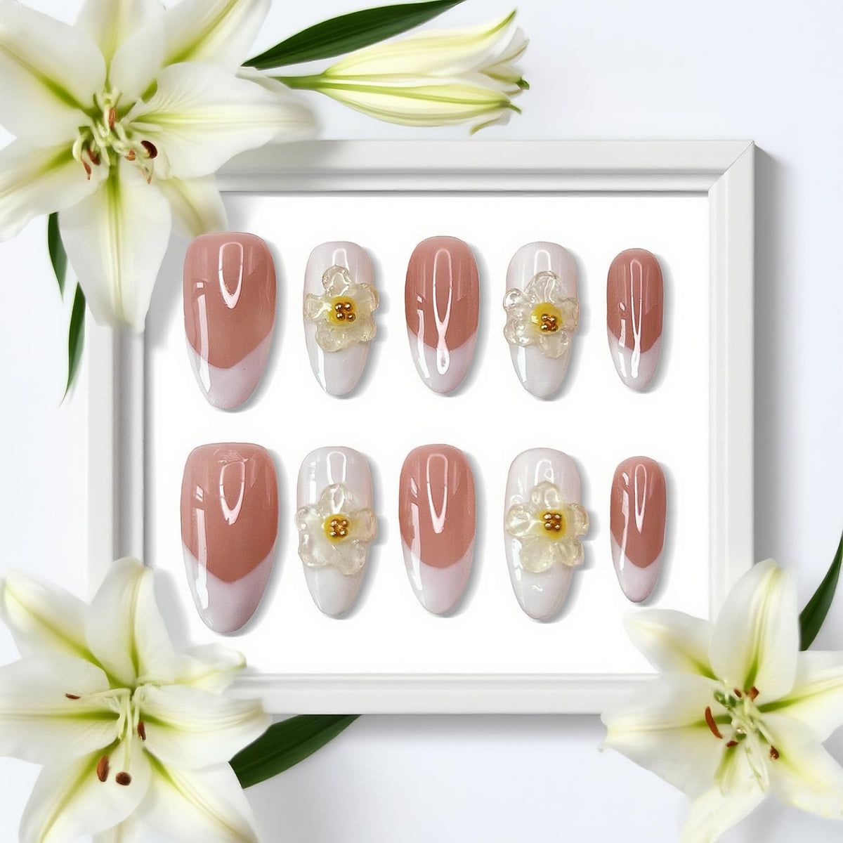 Handmade Press on Nails Medium Almond Fake Nails Press Ons White 3D Luxury Elegant Flower Full Cover Stick on Nails Glue on Nails for Women Girls Manicure (Clear White S)