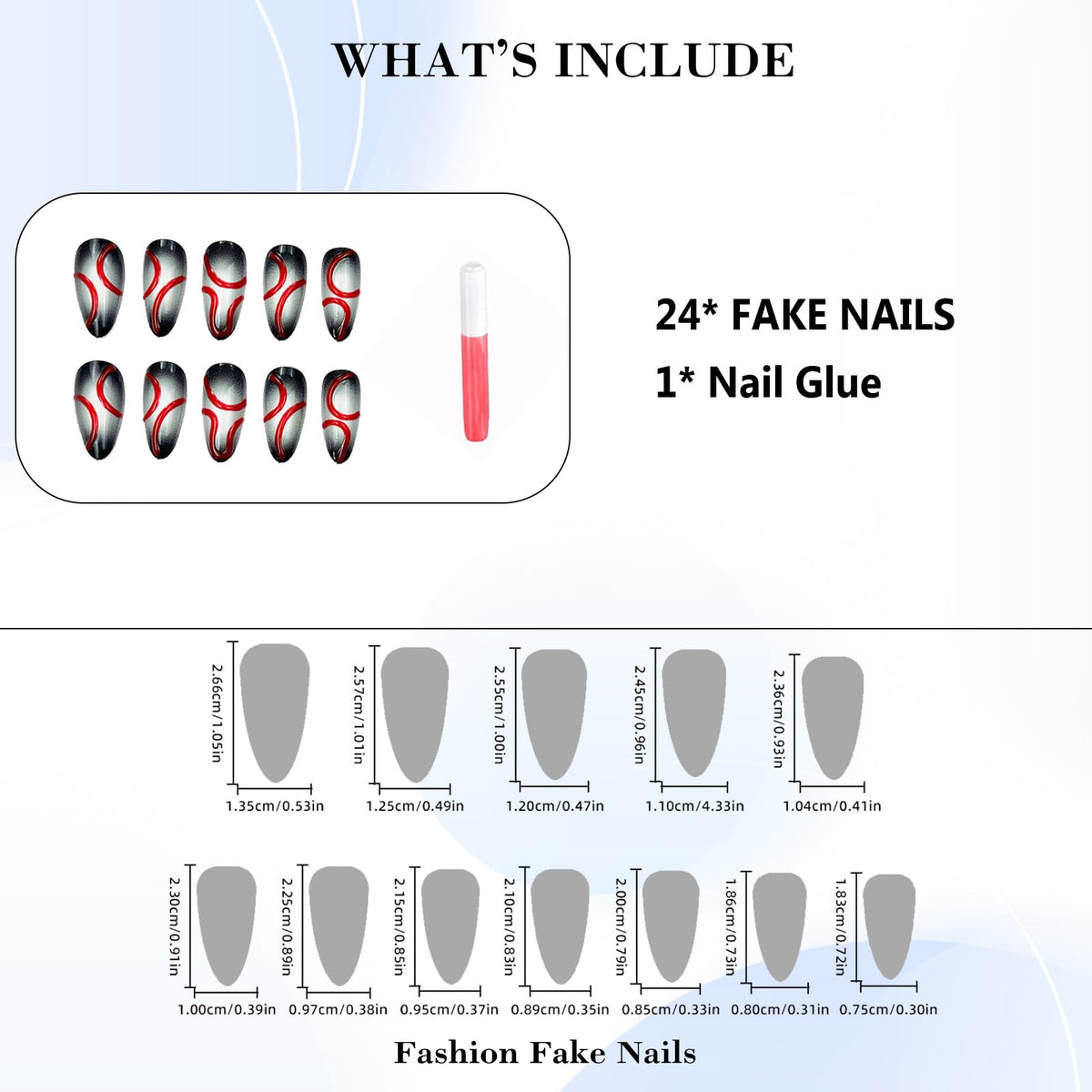 IMRAIN Press on Nails Medium Almond Fake Nails Black White Ombre False Nails with 3D Red Line Designs Full Cover Glossy Y2K DIY Nail Supplies Glue on Nails for Women Girls 24Pcs