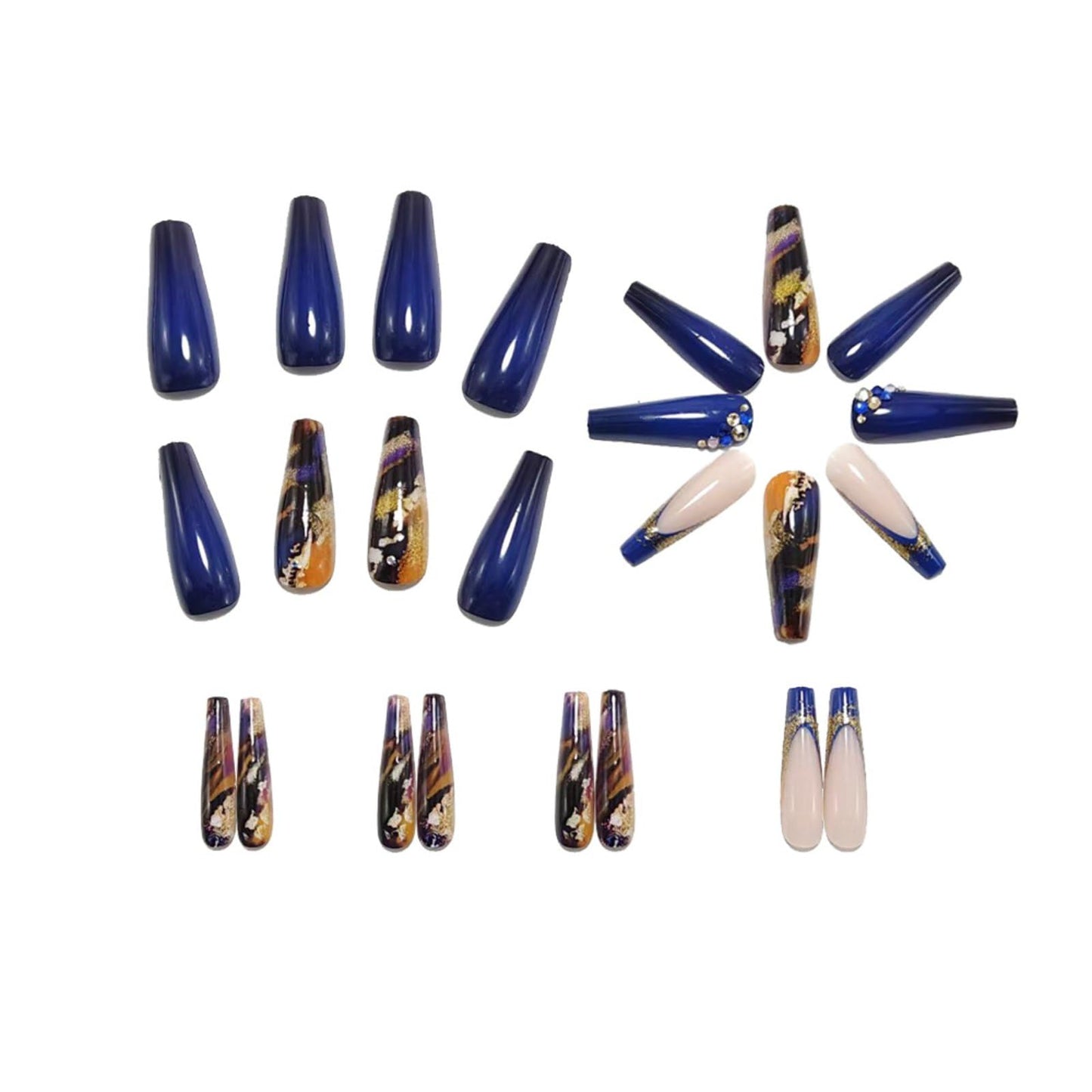 Long Coffin Press on Nails French Tip Fake Nails Dark Blue Marble with Gold Glitters Rhinestones Design Acrylic Nails Full Cover Glue on Nails Blue-black Gradient Stick on Nails for Women 24Pcs