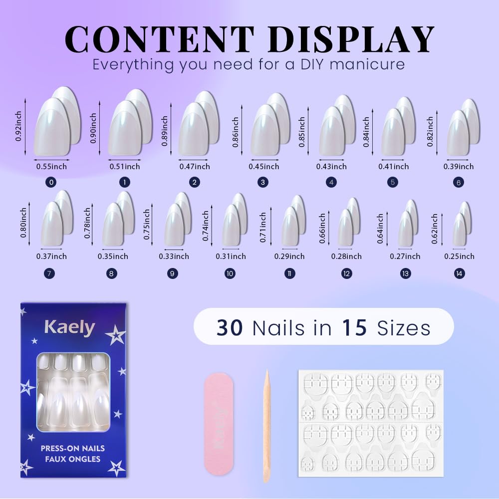 evpct Pearl Cat Eye French Tip Press on Nails Almond Medium No Glue, White French Tip Medium Almond Holographic Stick on Nails for Women, Reusable Full Cover Soft Press on Nail Perfectly with Design
