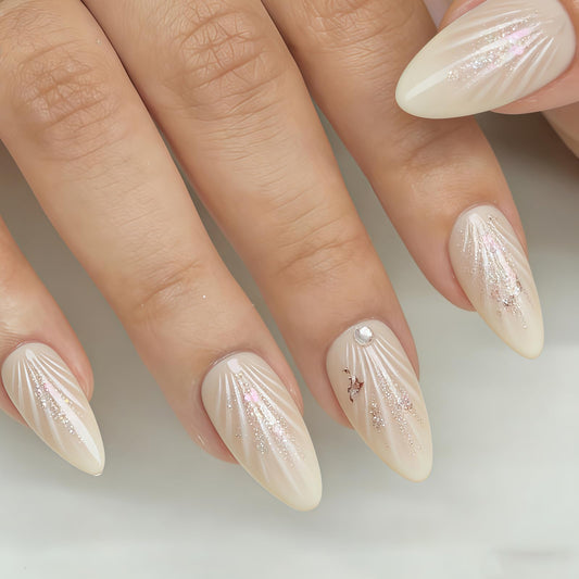 Medium Almond Press on Nails - Glitter Fake Nails with Shell & Rhinestones Designs Cat Eye False Nails Glossy Glue on Nails Reusable Full Cover Stick on Nails for Women Manicure 24Pcs