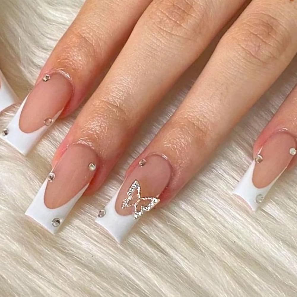 WAFOLOZE Nails Press ons,White French Tip Press on Nails Long Fake/False Nail with Butterfly Nail Charms Press ons Designs Gloss Acrylic Artificial Stick on Nail for Women 24Pcs