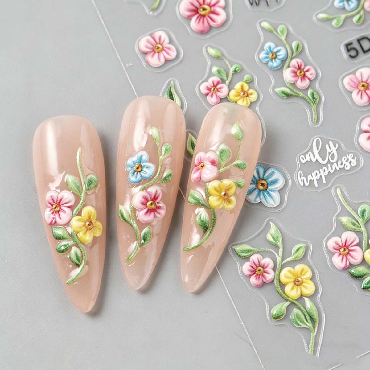 3 Sheets Flower Nail Stickers Green Leaf Nail Decals 5D Self-Adhesive Yellow Blue Pink Floral Nail Art Stickers Spring Summer Nail Decoration for Women DIY Manicure Supplies