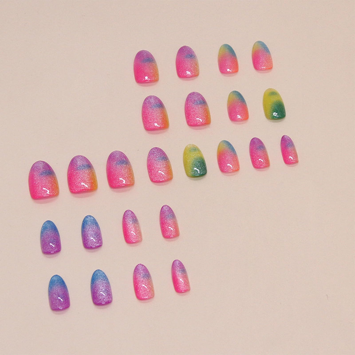 IMRAIN Rainbow Press on Nails Medium Almond Fake Nails Color Ombre Glossy Gel False Nails Full Cover Glitter Summer Stick on Acrylic Nails for Women Girls 24Pcs