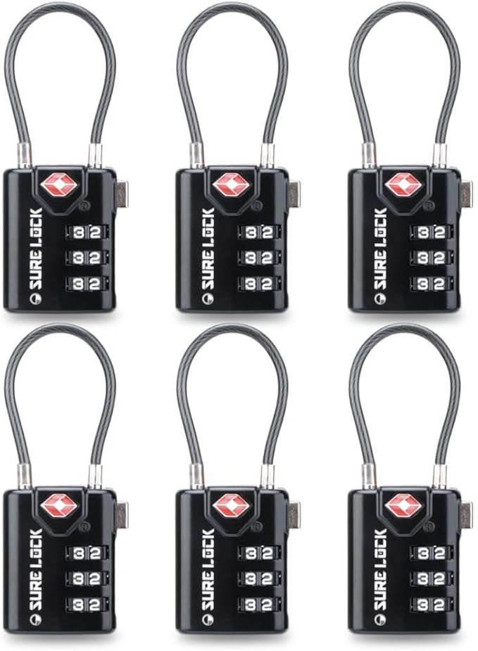 SURE LOCK TSA Approved Combination Luggage Locks with Open Alert Indicator â Durable Zinc Alloy Cable Travel Locks with Large Easy-Read Dials for Suitcases, Backpacks & Gym Bags(Black 6 Pack
