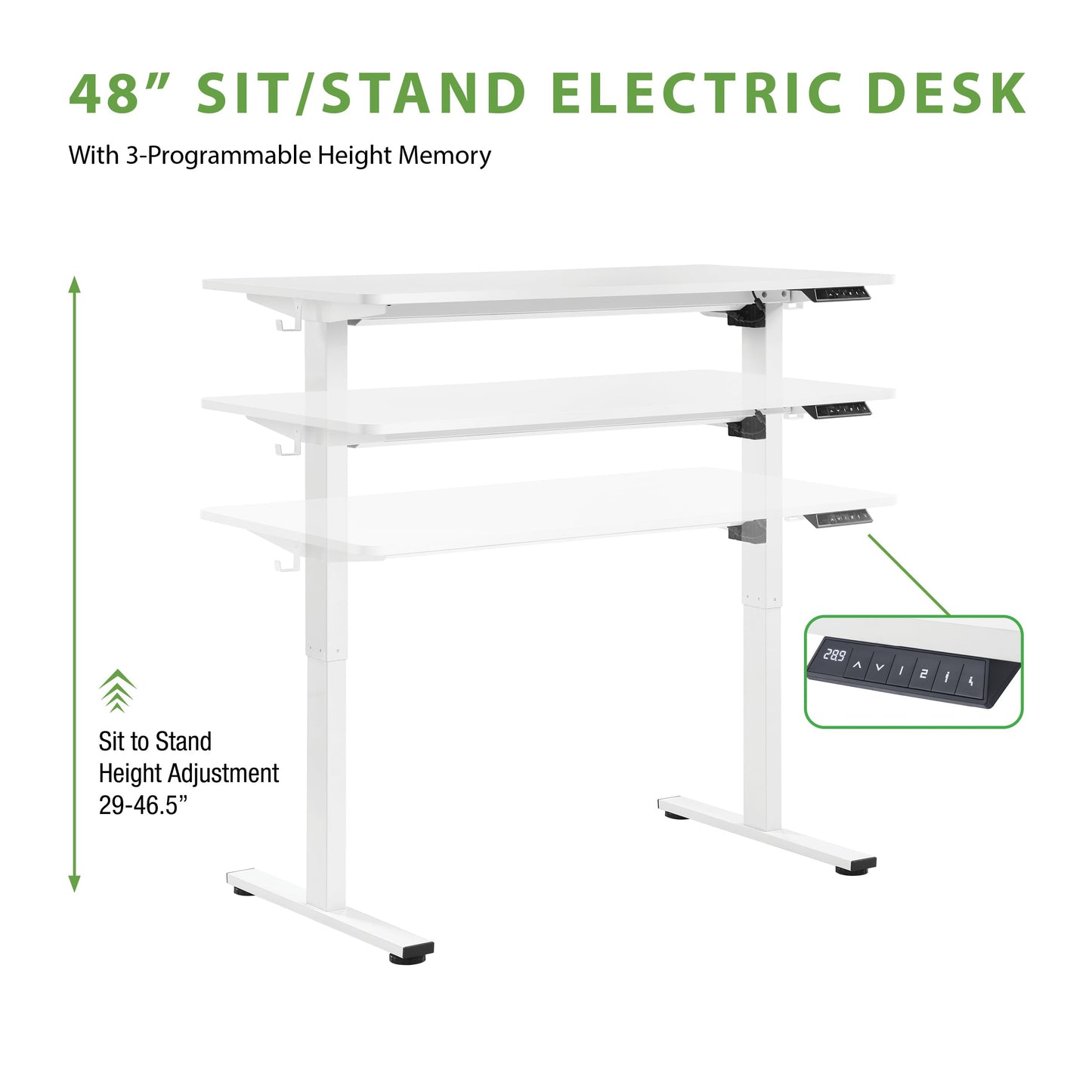 OSP Home Furnishings Primo Sit-to-Stand Electric Height Adjustable Office Desk with Hook, White, 4 Feet Wide