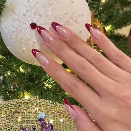 Handmade Red French tip Press on Nails Christmas long style Almond Fake Nails with Glue Full Cover Glossy False Nails Stick on Nails for Women Manicure Aurora Powder Decoration 10PCS (MT-124-L)