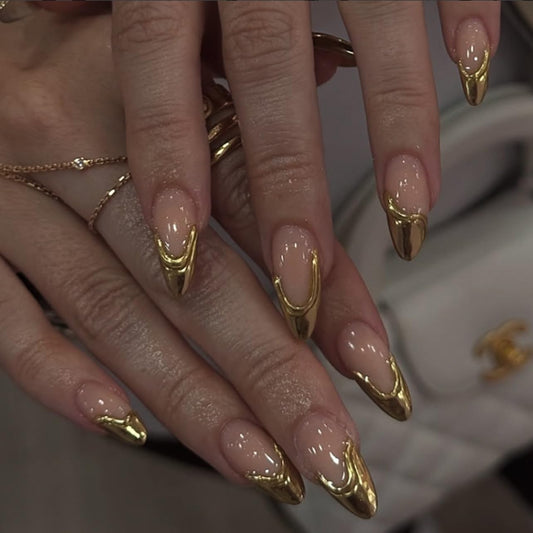 Medium Press on Nails Almond - Gold Fake Nails with 3D Design - French Tip False Nails Press ons - for Women 24 Pcs