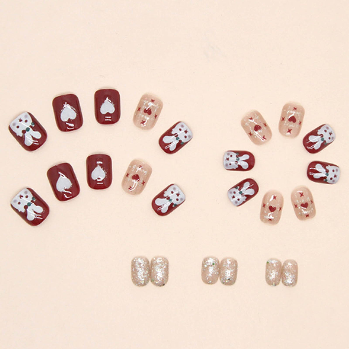 Hkanlre Square Rabbit Press on Nails Short Sequins Tips Full Cover Red False Nails Fake Nails for Women 24PCS