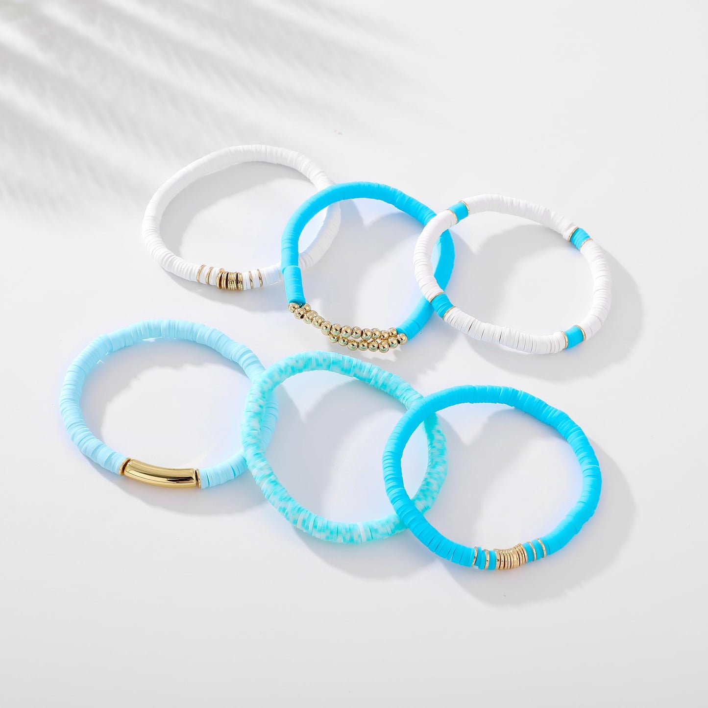 GOOJIDS Surfer Heishi Clay Bead Bracelets for Women Bohemian Stackable Gold Plated Beaded Stretch Bracelets Elastic Layering Friendship Bracelets Set Boho Jewelry