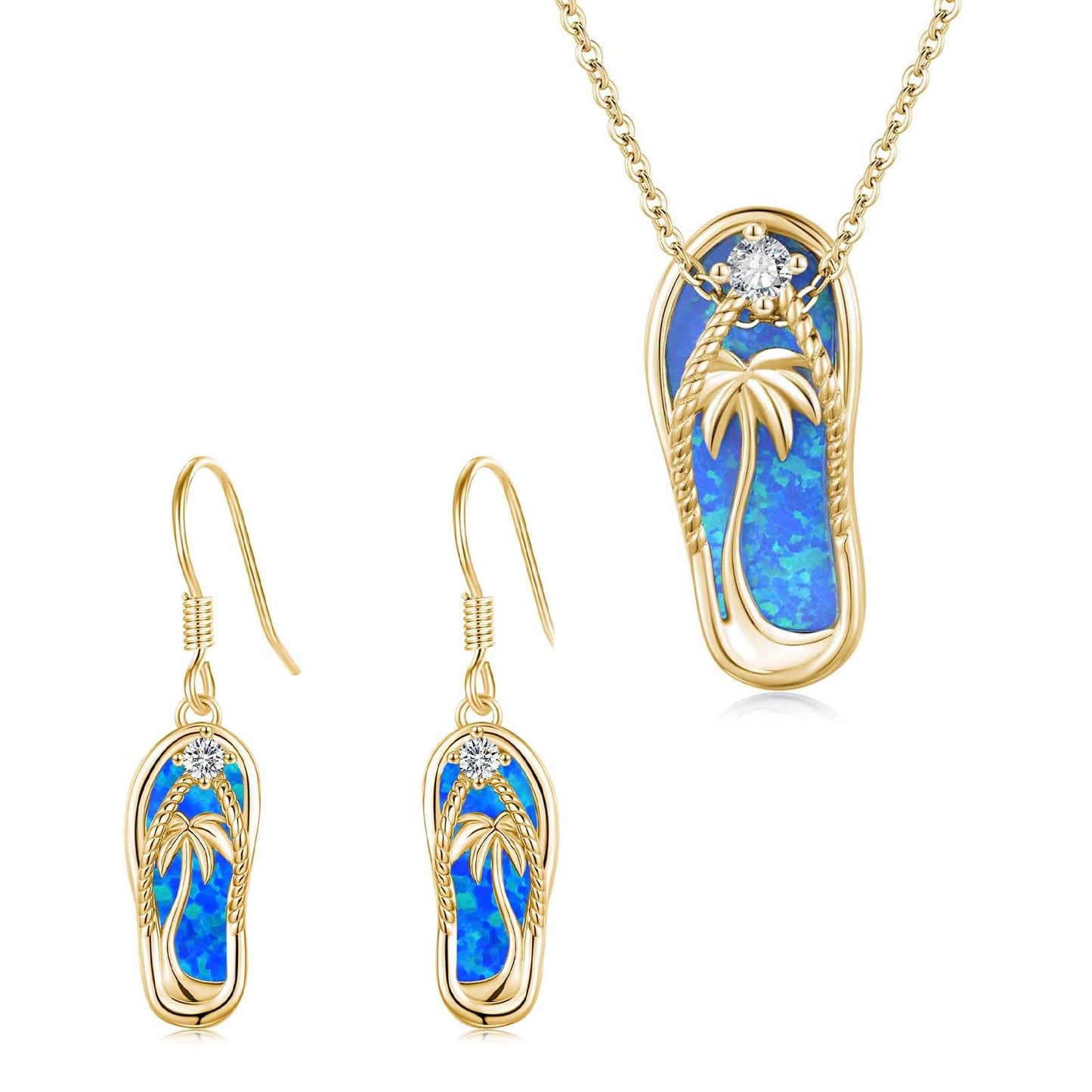Midir&Etain 14K Gold Plated Beach Themed Jewelry – Blue Opal Flip Flops Necklace and Earrings