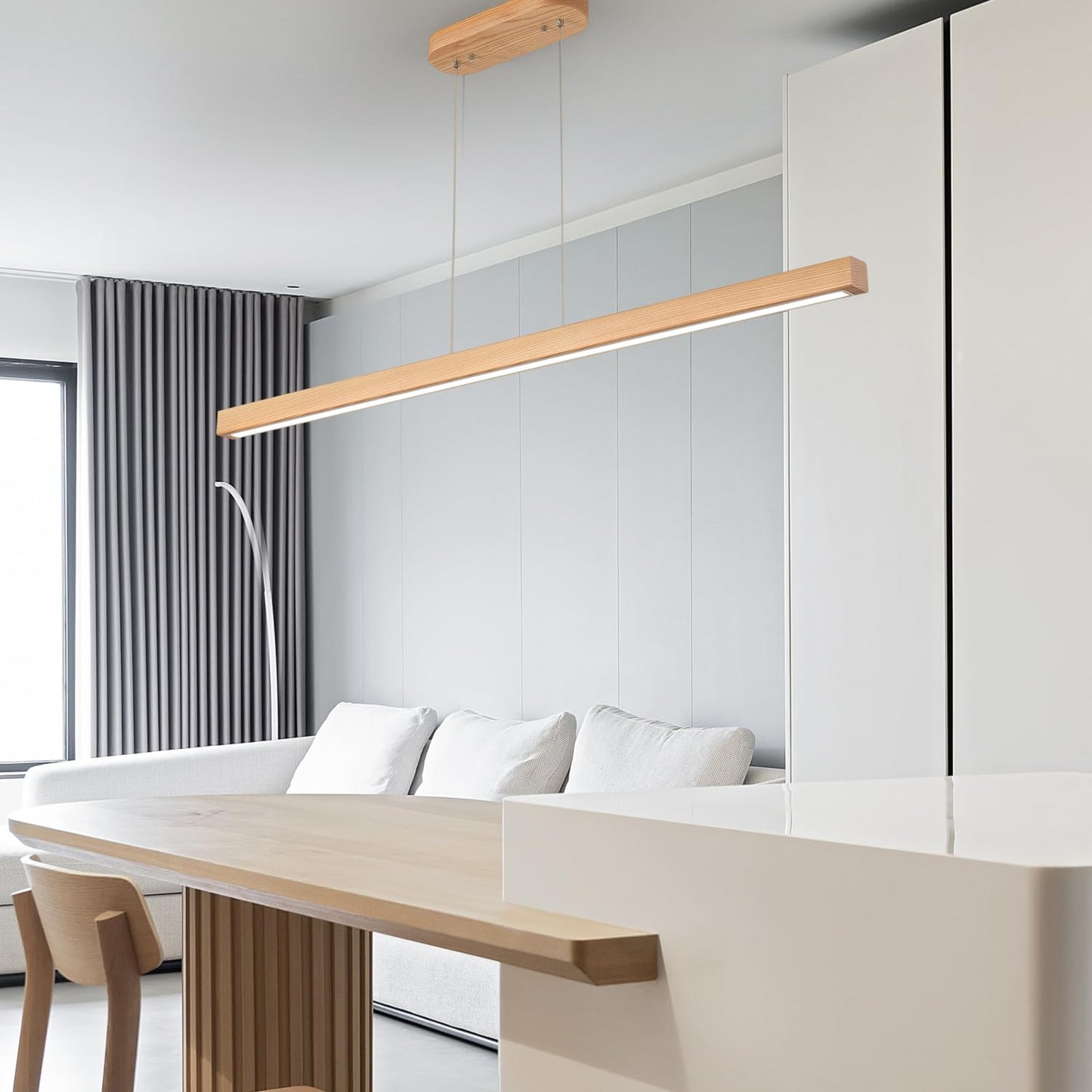 71" Wooden Linear Pendant Light LED Pendant Lights Dimmable Pool Table Island Lights Modern Linear Chandeliers for Dining Room Kitchen Ceiling Pendant Lamp for Kitchen Island Billiard Room Natural