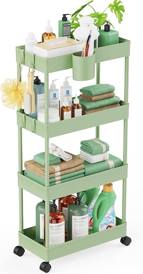 LEHOM Slim Rolling Storage Cart - 4 Tiers Bathroom Organizer Utility Cart Slide Out Storage Shelves Mobile Shelving Unit for Kitchen, Bedroom, Office, Laundry Room, Small Narrow Spacesï¼7.1" W+Greenï¼