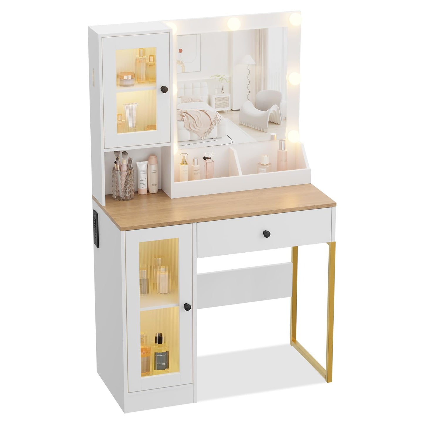 GarveeHome Makeup Vanity Desk with Mirror and Lights, Vanity Table with Charging Station, 2 Compartments, 2 Acrylic-Door Cabinets & RGB Lights, Dressing Table for Bedroom, White and Natural
