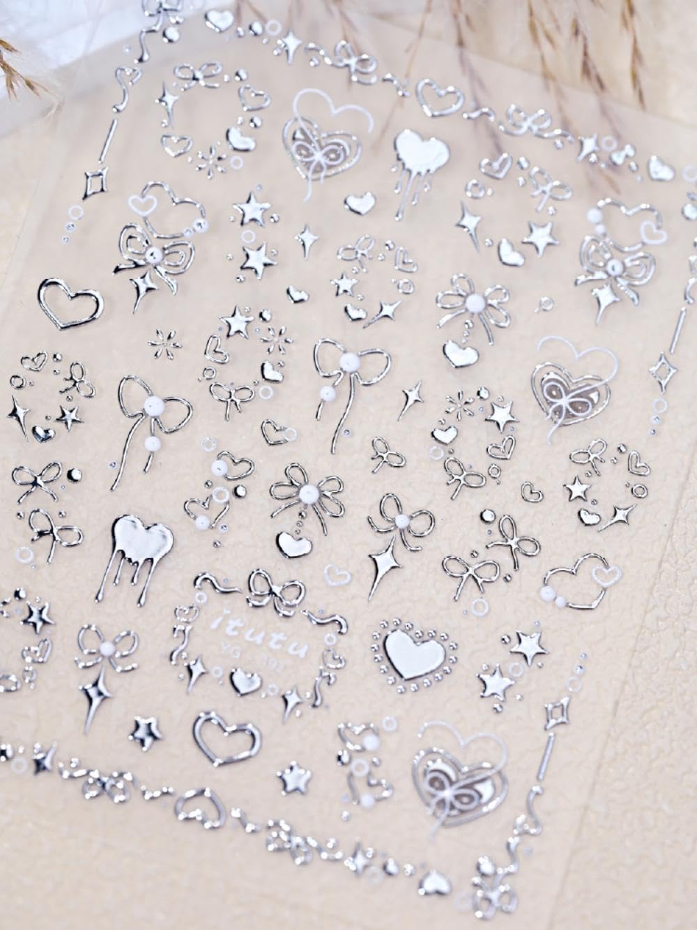 5D Embossed Heart Nail Stickers Self-Adhesive Silver Bows Nail Art Stickers Pearl Star Love Nail Decals for Acrylic Nails Spring Valentines Nail Sticker for Women Girls DIY Manicure Nails Supplies