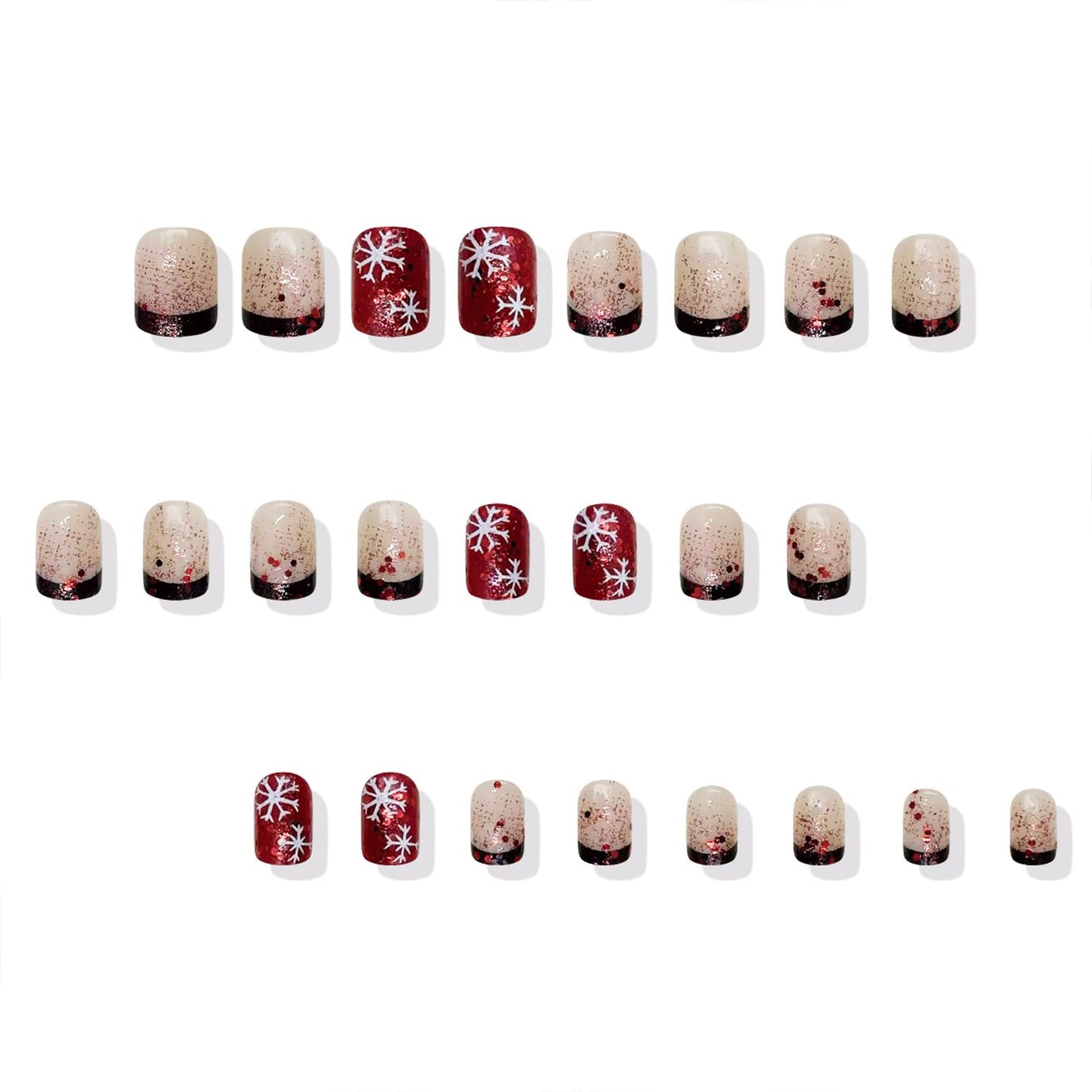 LWTZLW Christmas Press on Nails Snowflake Short Square False Nails Black Glitter French Tip Full Cover Glue on Nail Snowflake Design Acrylic Fake Nails Winter Artificial Glossy Nail Reusable for Women