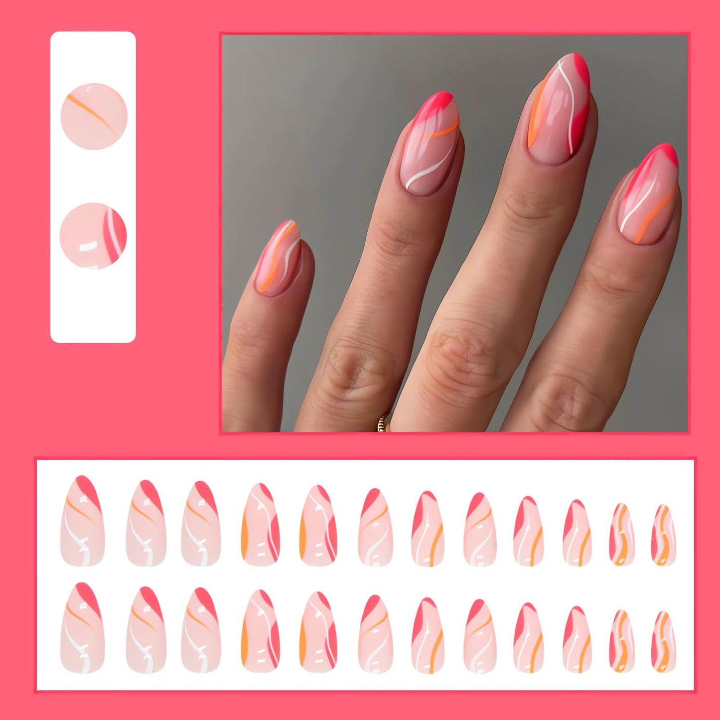 IMSOHOT French Tip Press on Nails Medium Almond Summer Fake Nails Glossy Acrylic False Nails with Designs Full Cover Gel Hot Pink Glue on Nails Reusable Stick on Nails 24pcs