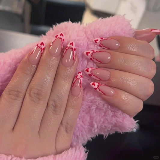 Handmade Almond Heart Designs Pink French Tip Nails Press ons Glossy Glue on Nails Full Cover stick on nails for Women 10Pcs (MT-109, M)