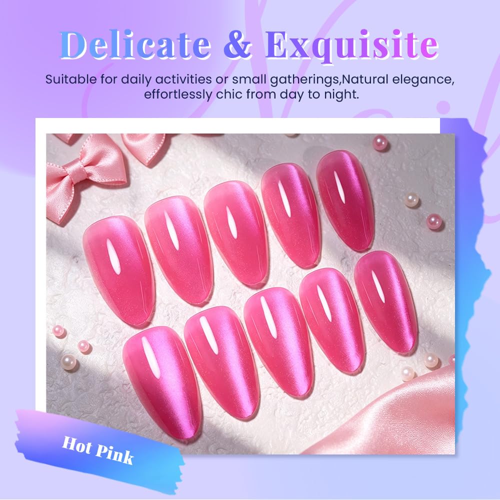evpct Hot Pink Cat Eye Almond Medium Press on Nails for Women, Rose Red Medium Almond No Glue Stick on Nails with Cat Eye Design, Holographic Glossy Soft Nail, Reusable Press on Acrylic Fake Nail