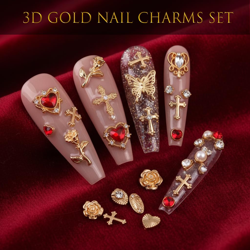 8 Boxes Nail Charms Set- 3D Gold Nail Charms with Gold Nail Gems and Nail Rhinestoness, Nail Pearls Caviar Beads for Nail Design, Gold Charms for Nails, Include Tweezer & Wax Pencil Nail Art Tools kit