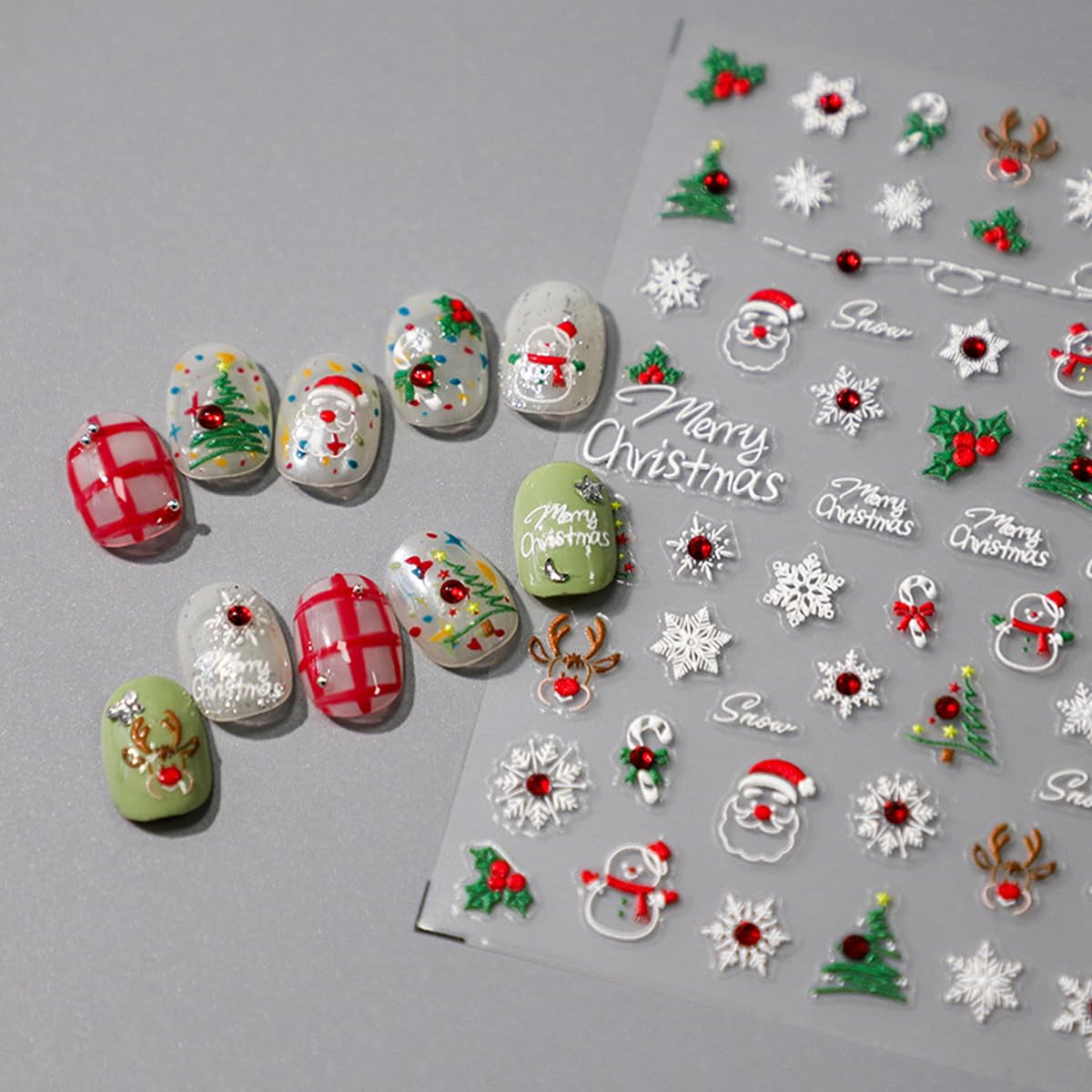 5D Embossed Christmas Nail Stickers for Nail Art Xmas Tree, Snowflake,Santa, Elk Rhinestone Nail Art Decals for Women Self-Adhesive Nail Supplies Art Design Stickers