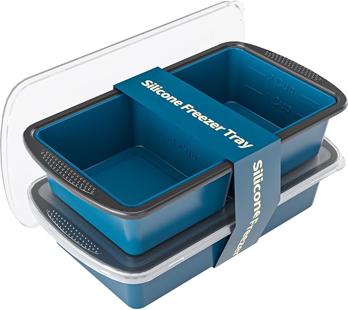 GORCI Silicone Freezer Tray With Lid, 4 Large 2 Cup Soup Freezer Molds, Soup Freezer Container for Meal Prepping, Large Ice Cube Trayï¼ Perfect for Storing Leftovers, Sauces, Lasagna, 2-Pack
