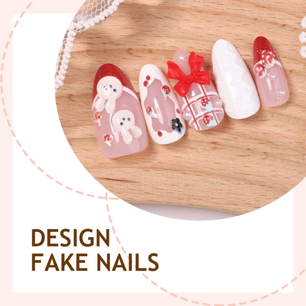 LINMEIZAI 30 Pcs Cute Press on Nails Short Almond Pink Fake Nails Press ons Nail Tips Glossy Stick on Nails Acrylic Nail Kit with Spring 3D Bunny & Strawberry Design False Nails Nail Art for Women