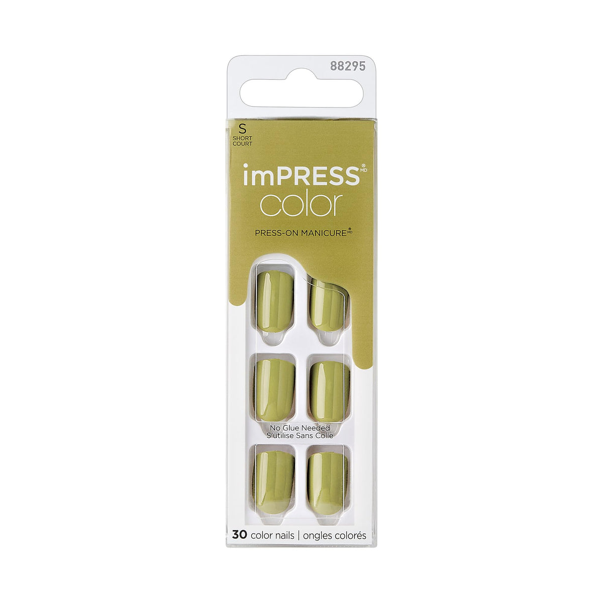 KISS Impress Color No Glue Mani 30 Pcs Press on Nails, Olive Green, Short Size, Squoval Shape, Simple Peel & Press Easy Apply, Hassle-Free Removal, Essential Tools Included