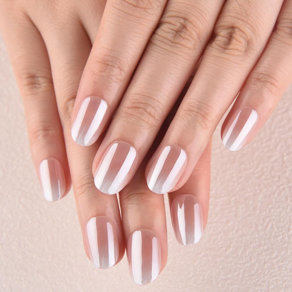 evpct Nude White Ombre Glazed Press On Nails Short Oval No Glue, Glazed Glossy Aurora Stick on Nail for Women, Reusable Full Cover Soft Press on Fake Nail Perfectly Fit with Ombre Design Salon-quality