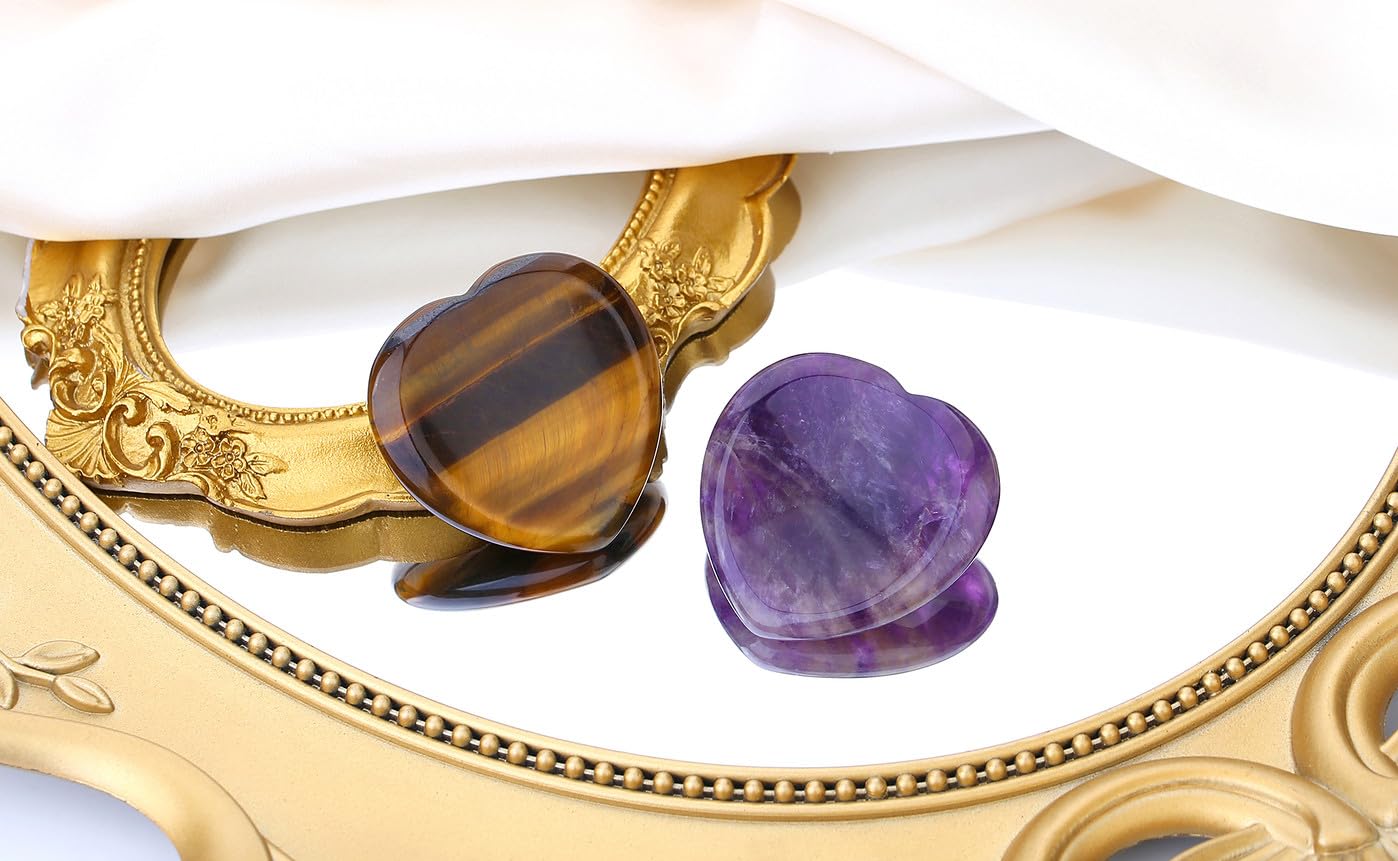 QINJIEJIE 2PCS Worry Stones for Anxiety Amethyst Tiger Eye Crystals Thumb Heart Shaped Quartz Crystal Palm Polished Gemstone Pocket Massage Natural Gem Reiki Meditation Stress Relief Gift for Women