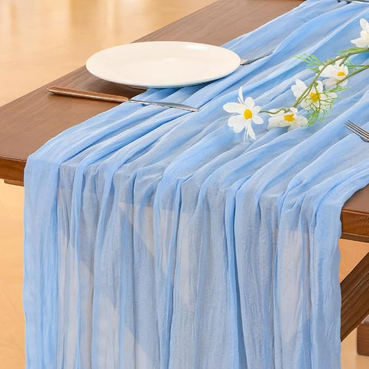 Socomi 2pcs Light Blue Cheesecloth Table Runner Summer Boho Rustic Gauze 120 inch 10FT Cheese Cloth Sheer Runner for Wedding Party Baby Shower Birthday Home Decor Holiday Decorations