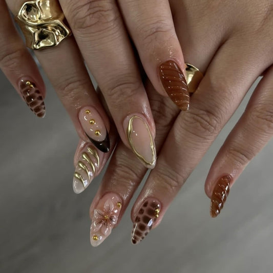 Brown Gold Press on Nails Medium Almond Fake Nails Press ons with Flower,Gold Lines,Crocodile Design Reusable Artificial Full Cover Glue on Nails for Women Fall Winter Manicure 24Pcs