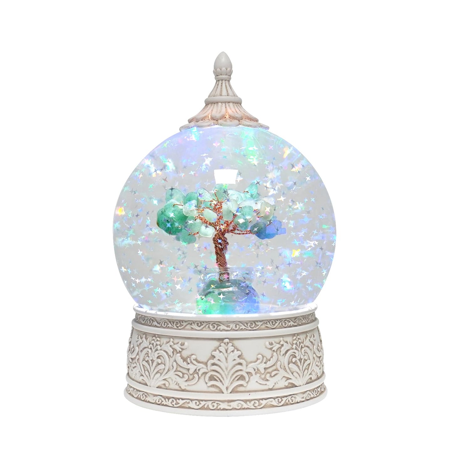Green Aventurine Healing Crystal Tree Globe Colorful Lights and Glitter, Natural Gemstone Base, Spiritual Meditation, Positive Energy Good Luck, Home Decor, Birthday Gifts (Green Aventurine)