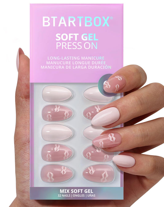 BTArtbox Press On Nails Short - Dainty Kiss, 3D Pink Lip Almond Press On Nails with Glue and Adhesive Tabs for Women in 16 Sizes - 32 Nails All-in-One Kit