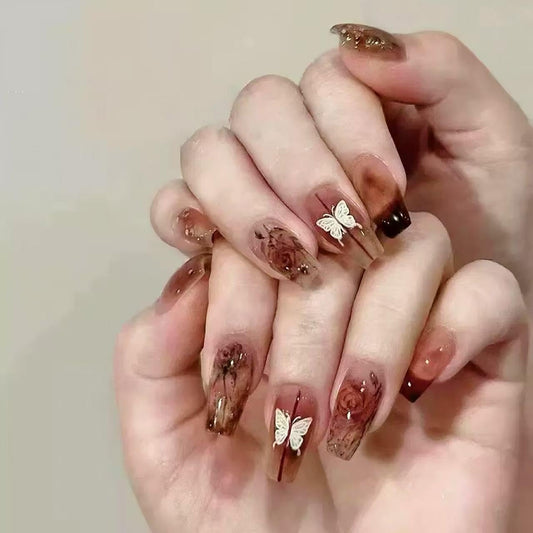 C.Z.Z.T.T.NAILS Press On Nails, 24 Pieces, Brown Gradient with Butterfly Design, Rose Gold Glitter, Almond Shaped, Shimmery Finish, DIY Party Nail Kit, Reusable Artificial Nails with Jelly Glue