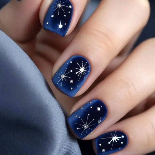 Short Press on Nails Square Fake Nails Navy Blue Starry Sky Acrylic Nail Press ons with Polka Dot Stars Design Reusable Artificial Nails Full Cover Stick on Nails for Women Manicure 24Pcs