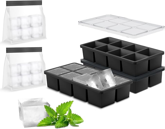 Samuelworld Large Silicone Ice Cube Tray Molds, 3-Pack, Big 2 Inch Cubes - Food Grade, Flexible, 8 Cavity Easy Release Slow Melting Ice for Whiskey, Cocktails, Gifts & Christmas - BlackÃ¯Â¼ÂIce BagÃ¯Â¼Â