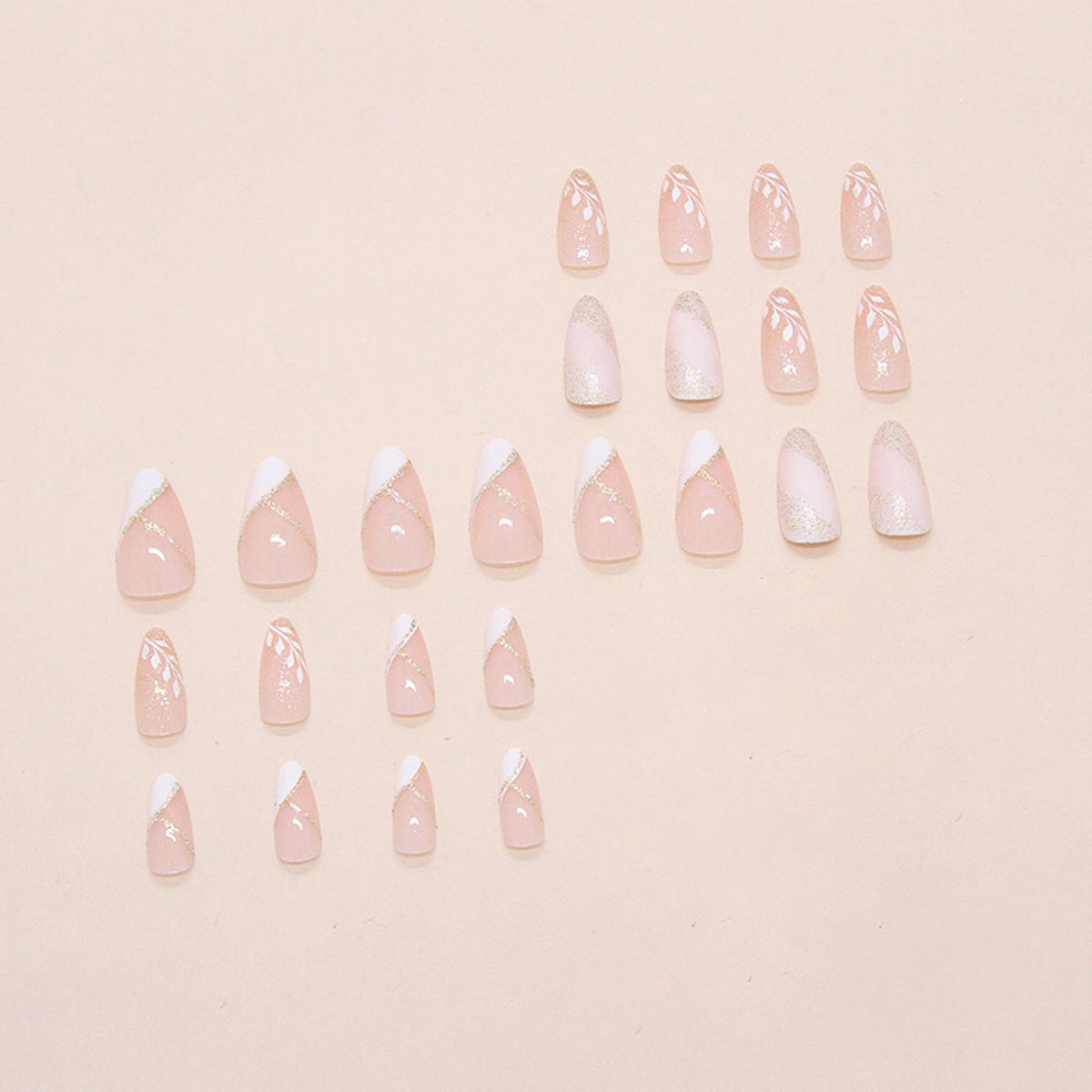 IMSOHOT Press on Nails Almond Medium Fake Nails with White Flower Designs Summer Floral Artificial Glossy Full Cover Golden Glitter Stick on Nails for Women 24Pcs